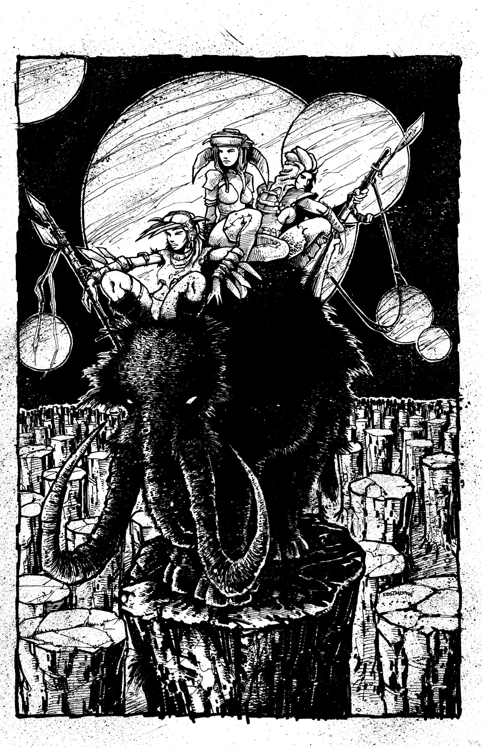 Heavy Metal Magazine Editorial Illustration Warriors of the Mammoth 1990 Original Art Kevin Eastman Pen and Ink $2k
